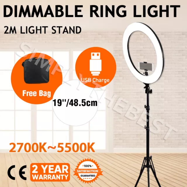 19" Dimmable LED Ring Light 5500K Diffuser Stand Make Up for Phone Camera Video