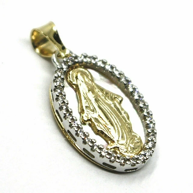 Pendentif Vierge Marie En Or 18K Blanc Et Jaune - Serti De Zirconium Cubique Et Nacre
