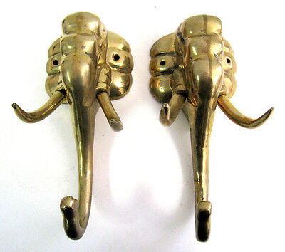 2 Vintage Solid Brass Elephant w Tusks Coat Hat Keys Hanger Hook Wall Hanging 8"