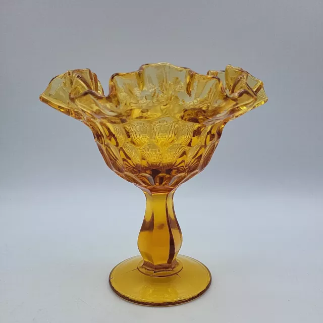 Vintage Fenton Thumbprint Amber Glass Ruffled Edge Footed Compote Candy Dish