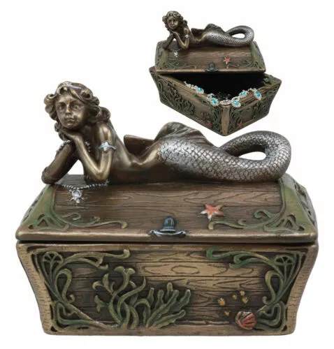 Beautiful Mermaid Resting On Sunken Treasure Chest Trinket Jewelry Box