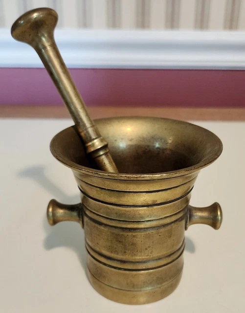 Antique 1920s Heavy Brass Mortar & Pestle Apothecary
