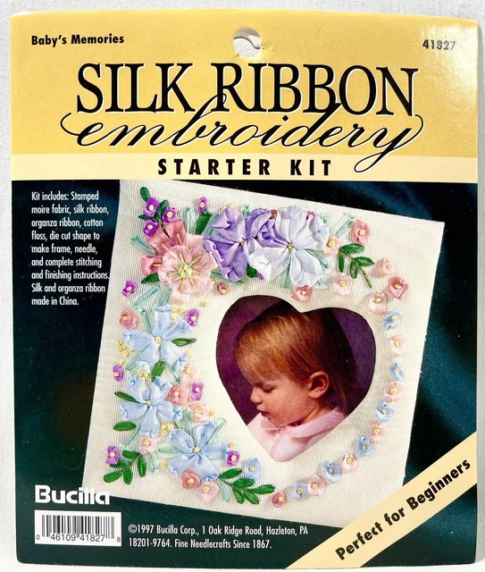Bucilla Babys Memories 41827 1997 cinta de seda kit de bordado marco como está 13108