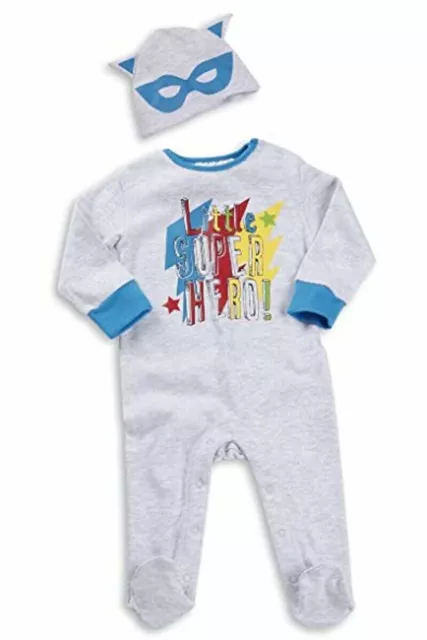 Baby Boys Romper Grey Super Hero Plus Detachable Cape Cotton Babygrown Sleepsuit