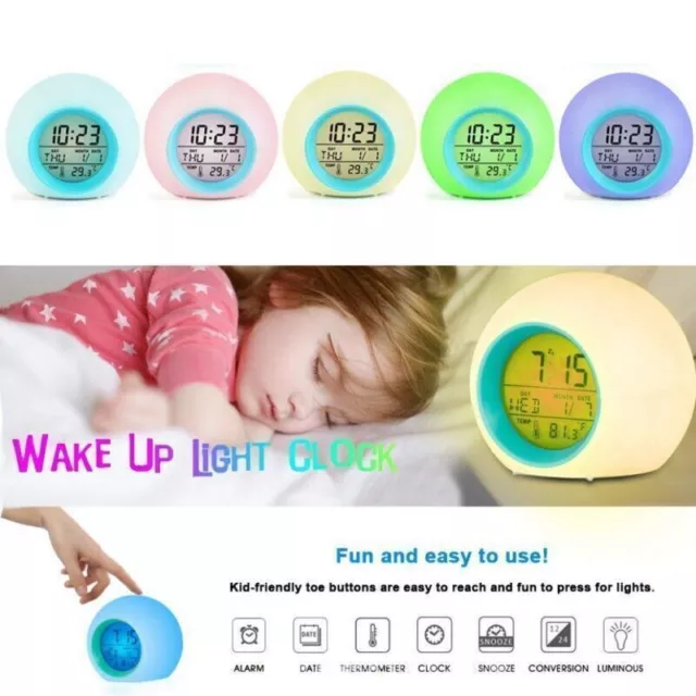 Kids Digital Alarm Clock LED 7 Color Changing Night Light Clock Wake Up Clock uk