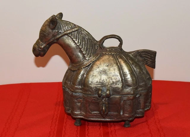 Dhokra Brass Horse Betel Nut Container Gorgeous Patina Hinged Lid Handmade 
