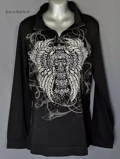 New PLUS SIZE Womens BLACK CRYSTAL FLEUR DE LIS WINGS BLING BIKER SHIRT 1X 2X