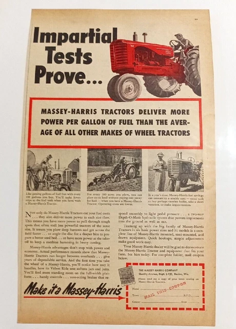 Vintage Massey-Harris Tractor Advertisement "Impartial Tests Prove..." More MPG
