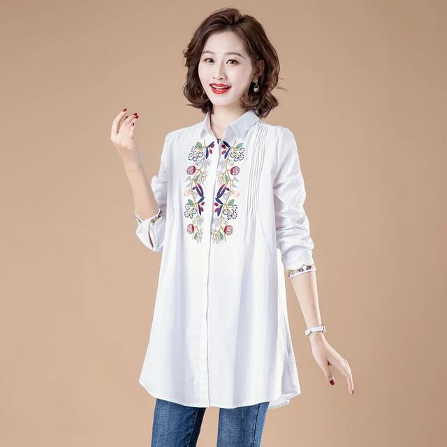 Cinese Donna Midi Camicetta Ricamato Floreale Bottoni Stile Etnico Casual Retro