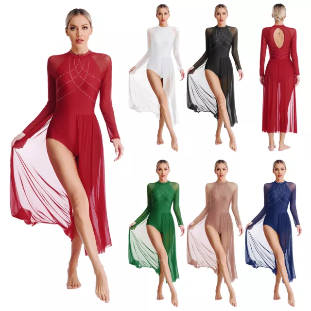 Womens Costume Long Sleeve Dress Glittery Dresses Modern Dancewear Dance Skirt