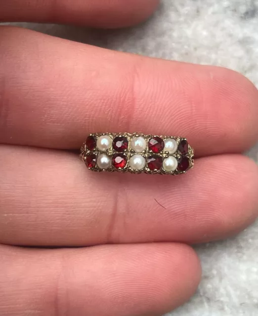 9ct Gold Garnet & Seed Pearl Victorian Style Cluster Ring