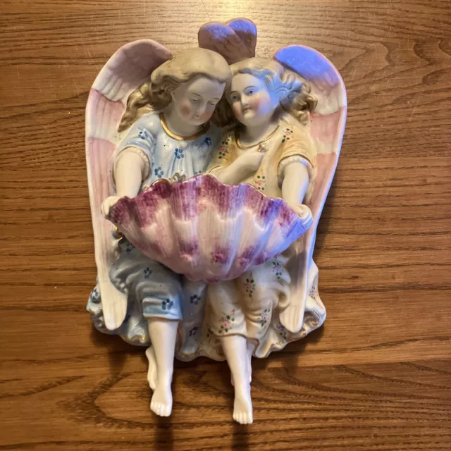 Antique French Porcelain Bisque Holy Water Font Angels Turn Century