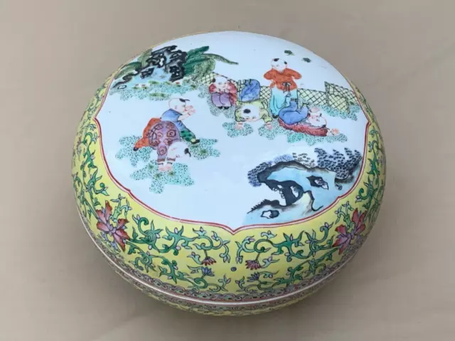 Round Chinese Asian Porcelain Box With Cover Hand Painted Boys Playing Bowl Vase