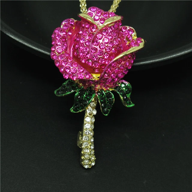 Fashion Women Pink Crystal Rhinestone Rose Flower Pendant Chain Necklace Gift