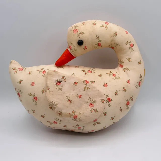 VTG Stuffed Fabric Duck Goose Plush Decor Animal Floral Print 80s 90s Handmade