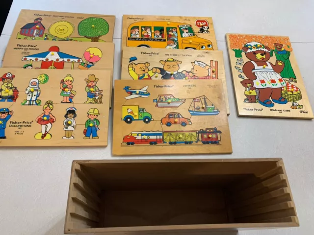 VTG WOODEN PUZZLES Fisher Price Lot 7 Wooden Storage Box Peg