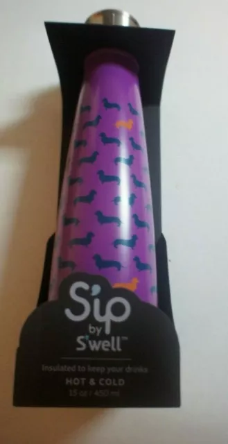 Sip by Swell Insulated Water Bottle Top Dog 15oz Hot & Cold Purple Dachshund