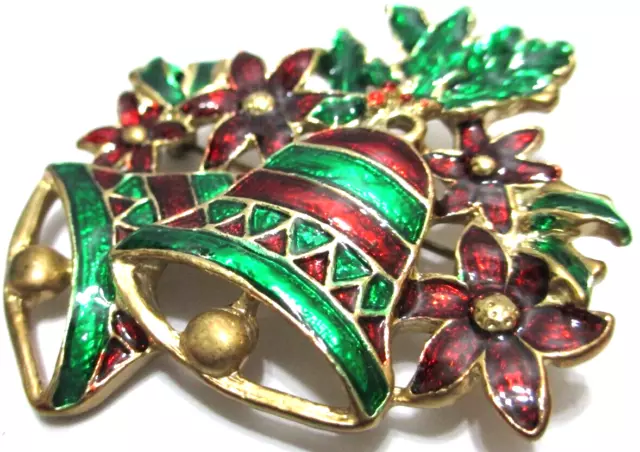 Vintage Christmas Brooch Pin Bells and Poinsettias Red and Green Enamel 2"