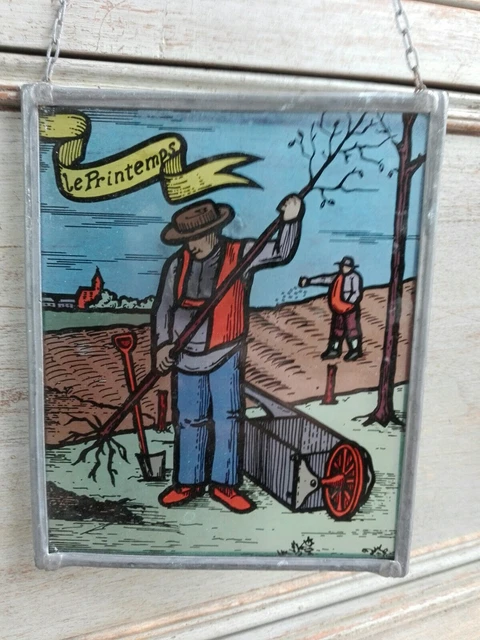 Antigua Pequeña Placa De Vaso Decorativo Pintada Estilo Vidrio El Primavera