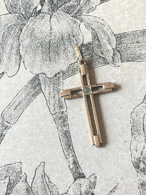 Pendentif Ancien Art Nouveau / Art Déco – Croix Religieuse En Acier Argenté, Bijou Vintage, Sans Marque