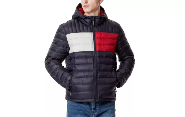$195 Tommy Hilfiger Men's Quilted Lightweight Colorblock Hooded Puffer Jacket