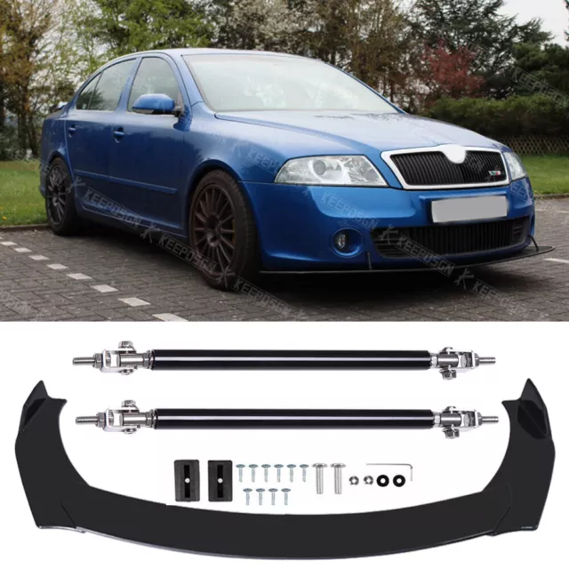 For Skoda Octavia Front Bumper Lip Splitter Spoiler + Strut Rods Glossy Black