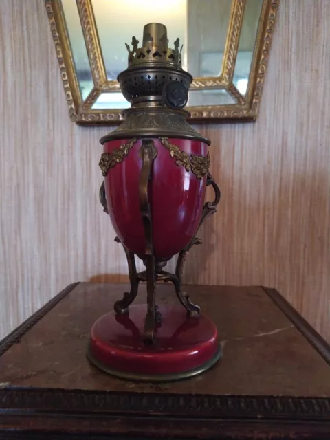 Lampe à Pétrole en Bronze et Faïence Bordeaux Napoléon III 3
