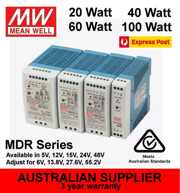 MeanWell MDR Power Supply DIN Rail 20W 40W 60W 100W 5V 12V 15V 24V 48V DC