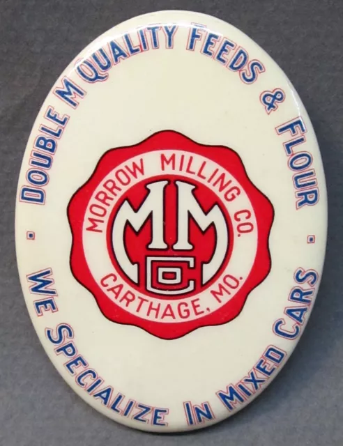 c. 1910 MORROW MILLING CO. Carthage MO. Double MM Feeds & Flour pocket mirror *