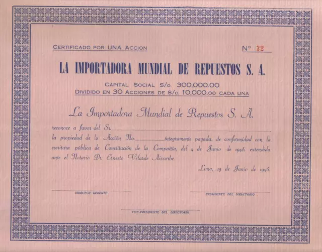 Original Peru 1946 Importadora Mundial de Repuestos Sociedad Anonima unissued