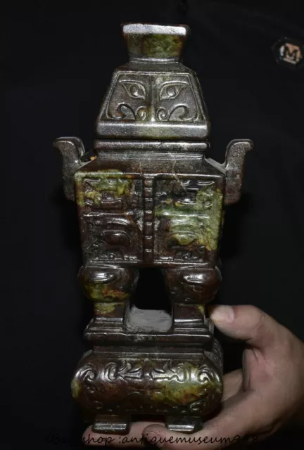 9.6" Old Chinese Xiu Jade Carving Dynasty Beast incense burner Ding Statue