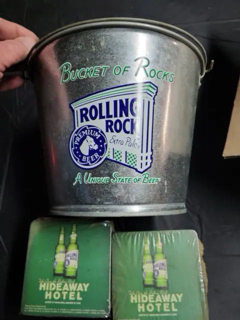Vintage Rolling Rock Beer Bucket Of Rocks Limted edition/Hideaway Hotel coasters