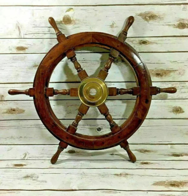 24"Brass Wooden Vintage Ship Steering Wheel Pirate Décor Wood Fishing Wall Boat 3