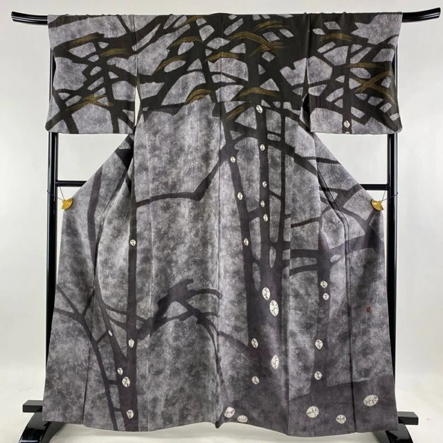 Woman Japanese Kimono Houmongi Silk Branches Gold Foil Shibori GrayPurple Sign