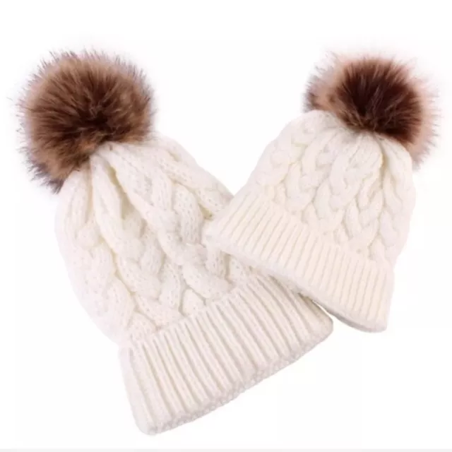 MOM & BABY Ivory Cream Crochet Cable Knit Pom Pom Beanie Winter Hat