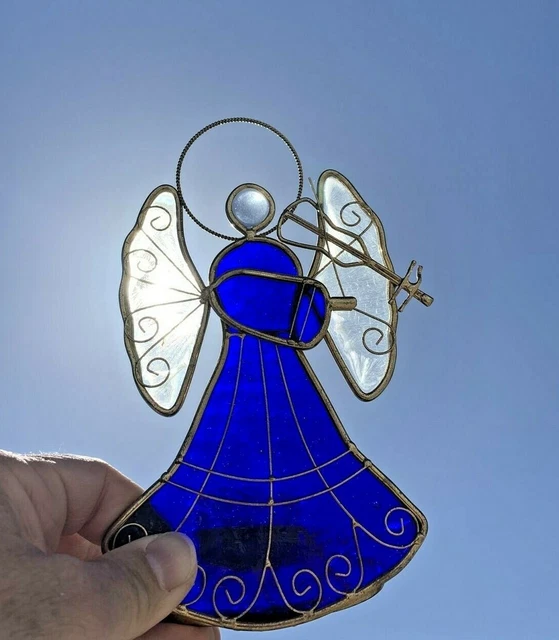 Vintage Cobalt Blue Stained Glass Violin Angel Tealight Candle Holder ❤️sj11m1