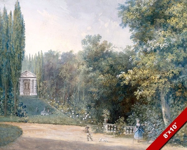 French Garden Park Scene Watercolor Painting Art Real Canvas Giclee Print