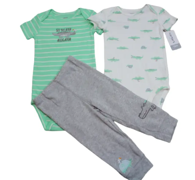 Carter's Alligator 3-Piece Outfit Set Green Gray Baby Boys 12M 12 month NWT FLAW