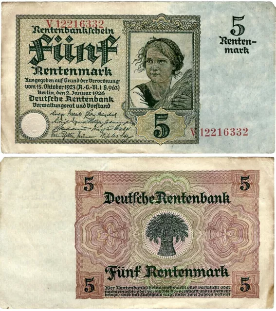 Rentenbankschein 5 Rentenmark 1926 Berlin DEU-209b Ro.164b P-169(2) SEHR SELTEN