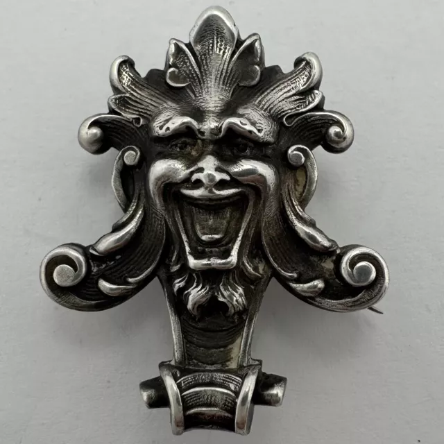 Antique Art Nouveau Kerr Sterling Silver Repousse Gargoyle Face Brooch