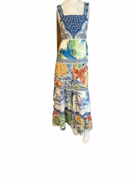 FARM RIO Tropical Garden BLUE MACAW Maxi Tiered Lace Full Skirt Sun DRESS S