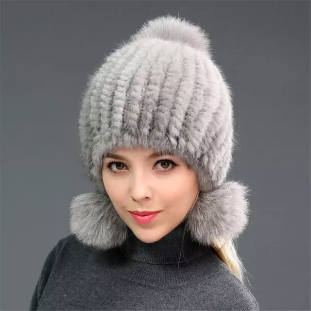 100% Real Mink Fur Hat with Three Fox Fur Pom Pom Ball Cap Beanie for Lady