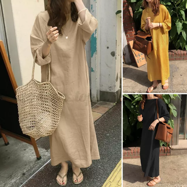 ZANZEA Women Long Sleeve Holiday Casual Loose Solid Kaftan Long Dress Plus