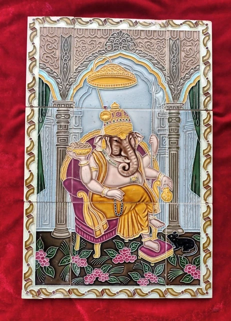 9 Pc Penal Set Old Art God Ganesh Ji Embossed Majolica Ceramic Tiles Japan 0338
