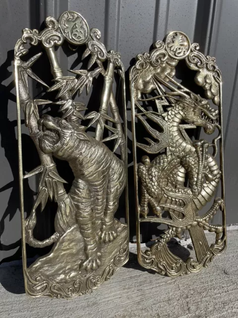 Vintage Set Of 2 Solid Brass Asian Dragon And Tiger Wall Plaque Decor NL+