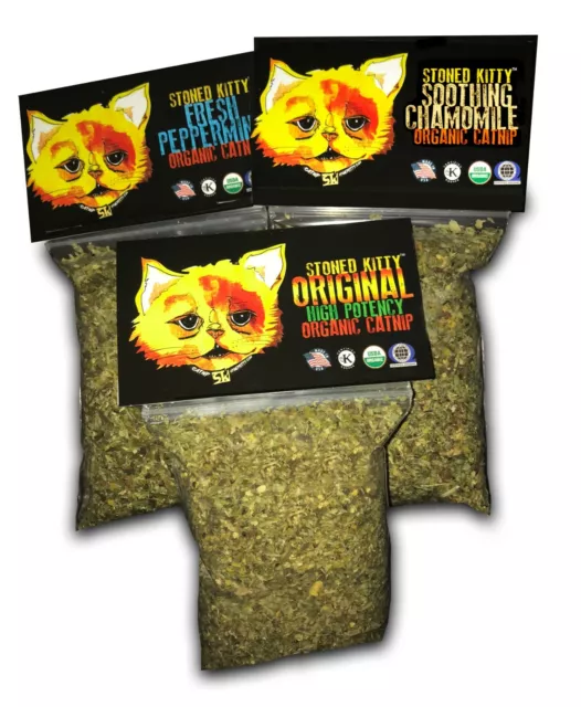 Herbe à chat biologique Stoned Kitty Premium | Pack de 3 saveurs 0,60 oz chacun | LIVRAISON GRATUITE !