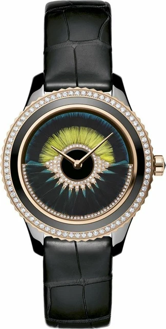 New Christian Dior Black Peacock Diamond Dial 38mm Rose Gold Women's Watch