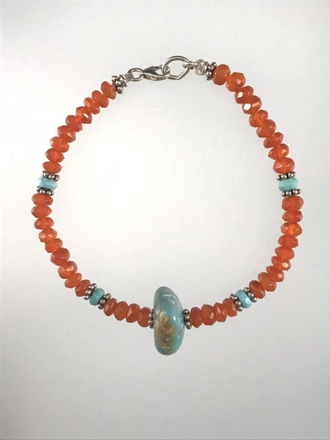 Carnelian & Turquoise Bead Sterling Silver Bracelet Hand Made In USA NEW
