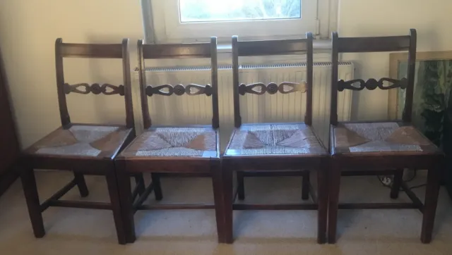 Georgian Oak? Elm? Rush-Seated Dining Chairs X 4. Original Untouched Condition.