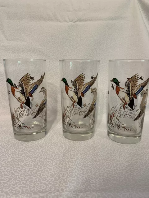 Libbey Glass Mallard Duck Hunting Lodge Bar High Ball Glasses Tumblers vtg set 3